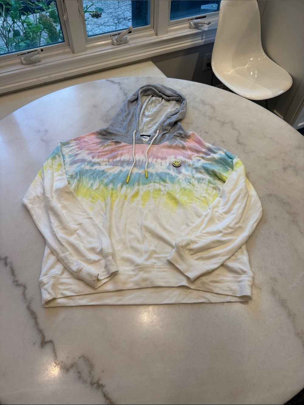 NWOT PJ Salvage White Hoodie with Pastel Tie-Dye Yoke and Gray Hood